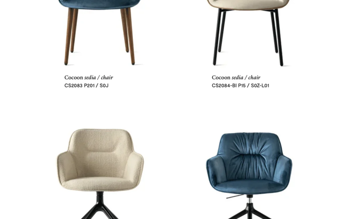 Ιταλική καρέκλα Cocoon του οίκου Calligaris με προσαρμοσμένη ταπετσαρία και πολλαπλές επιλογές υφασμάτων, ιδανική για τραπεζαρία με σύγχρονη κομψότητα